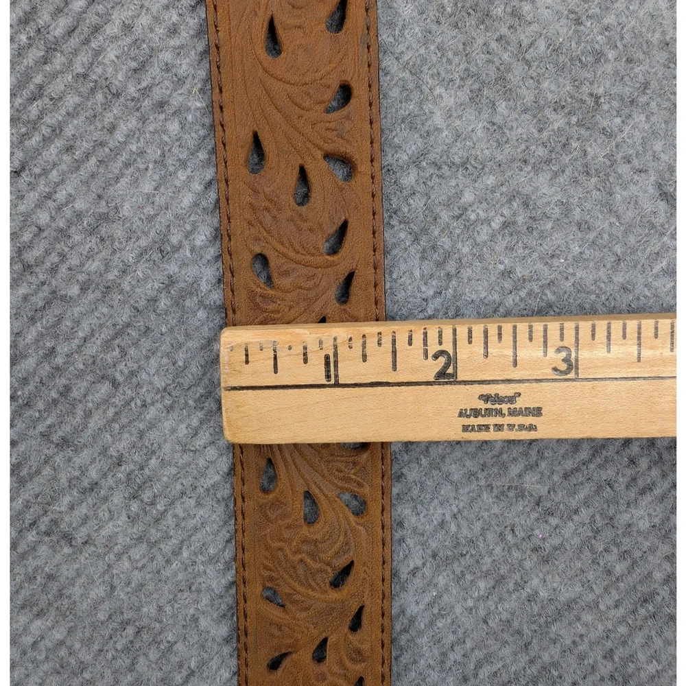 Tony Lama Tooled Leather Belt Nocona Buckle Womens 38 Brown Silver Tone Bull - Picture 4 of 9
